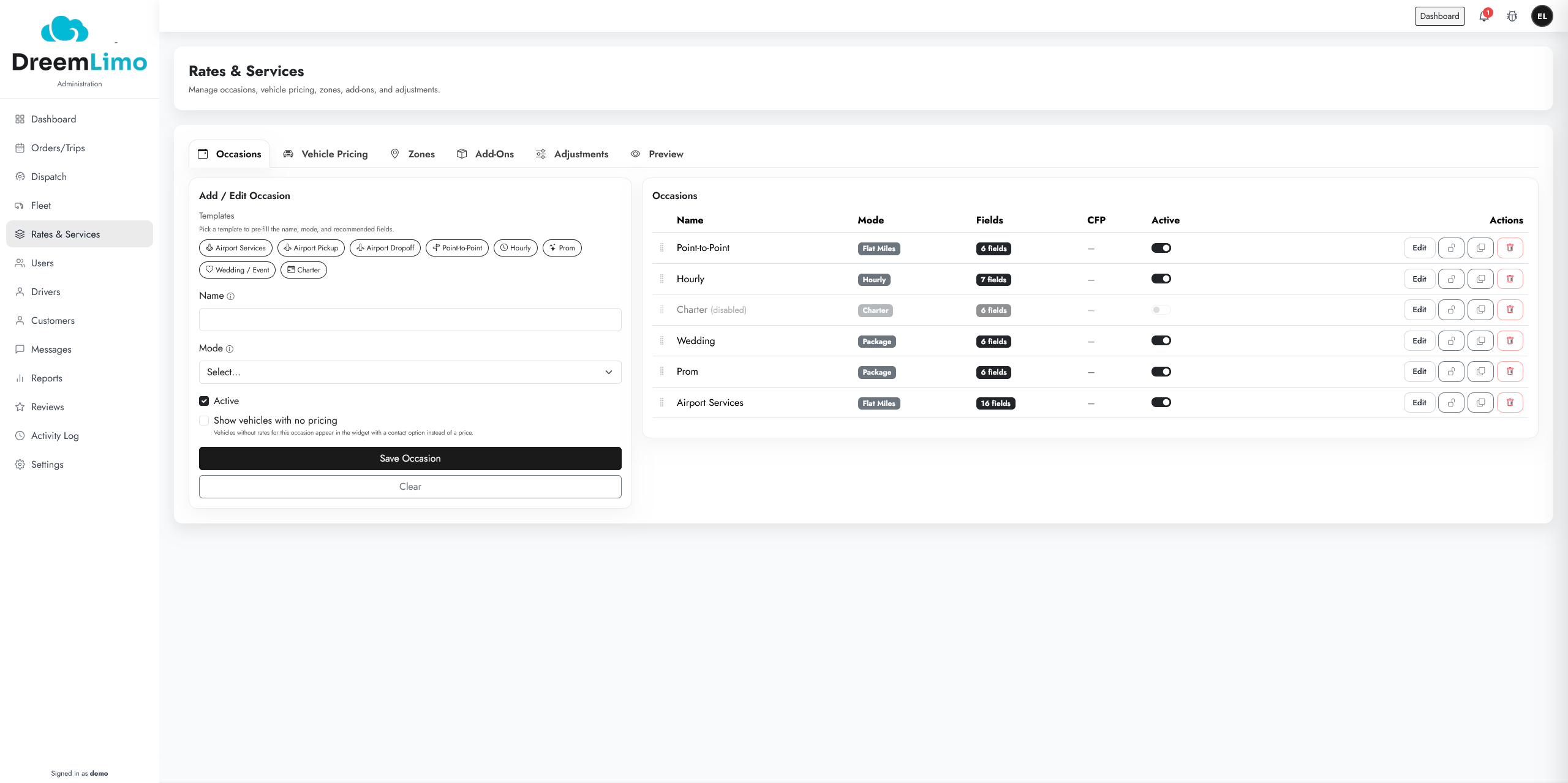 Zone, occasion, and hourly rate configuration in DreemLimo