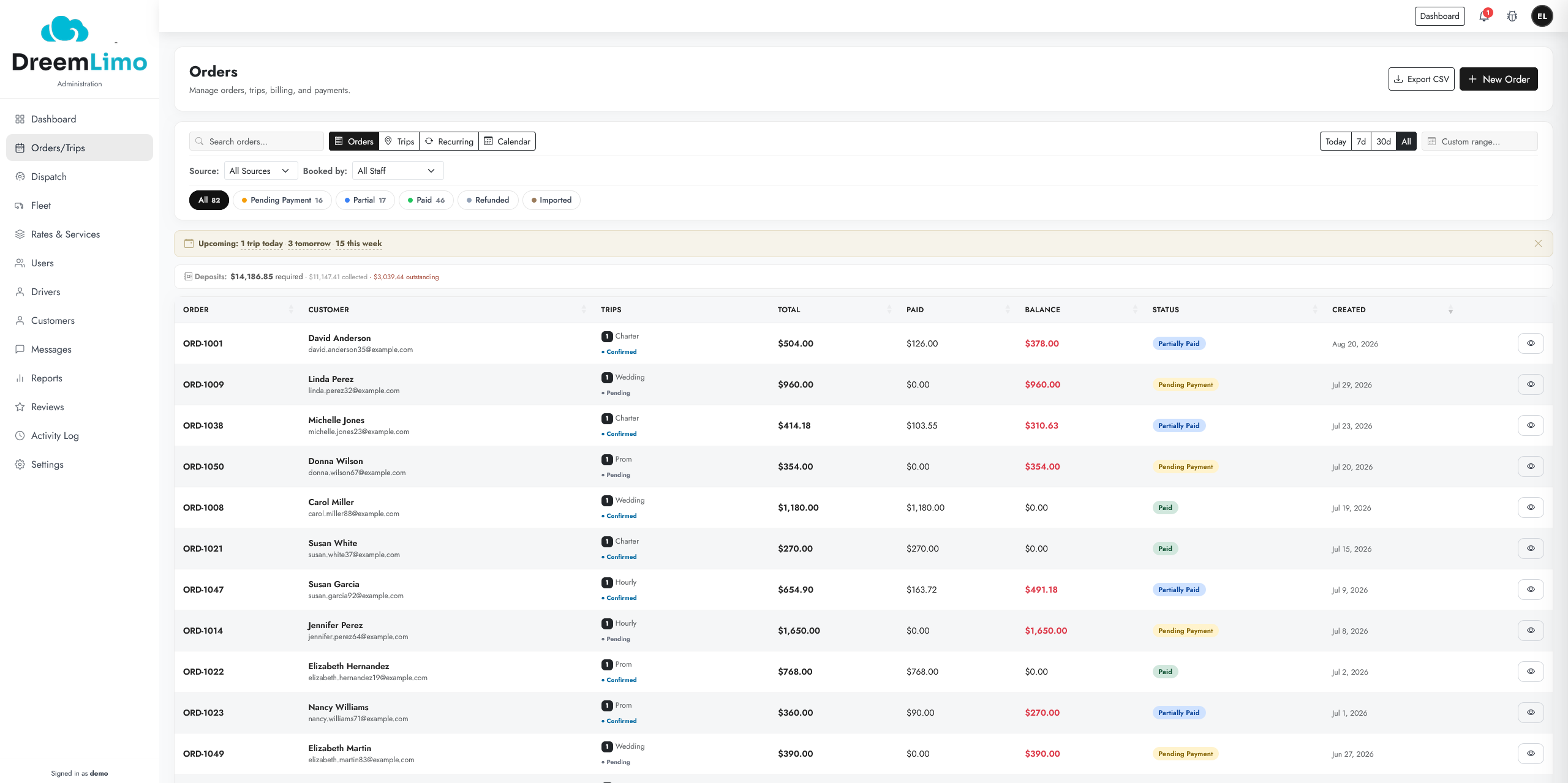 Orders and trips organized in the DreemLimo portal