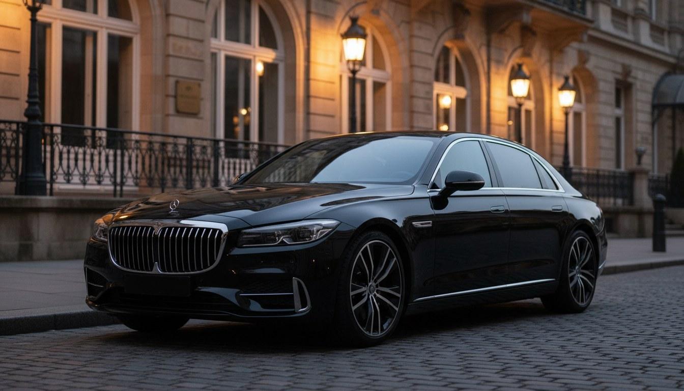 Unmarked black luxury sedan parked at airport pickup lane in the local area for a chauffeur transfer