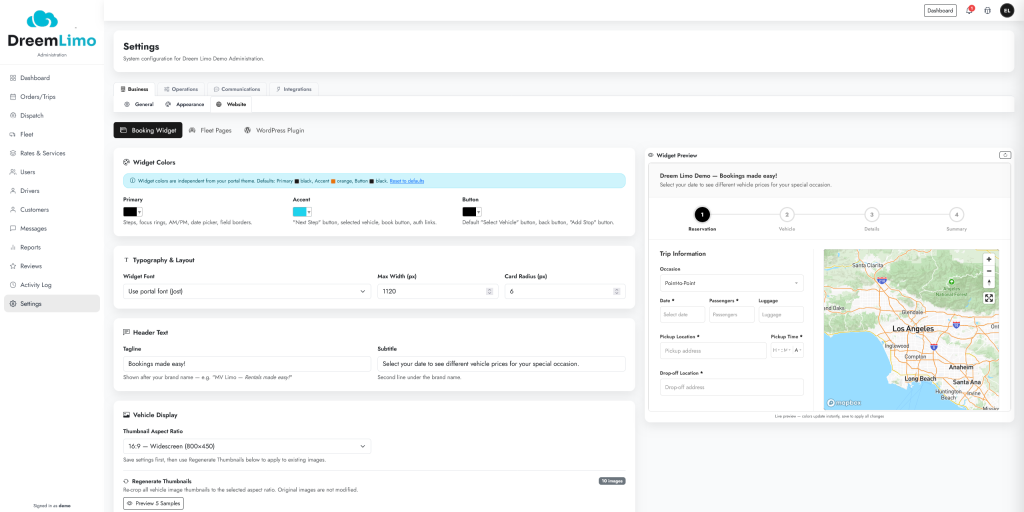 Configuring the online booking widget in DreemLimo