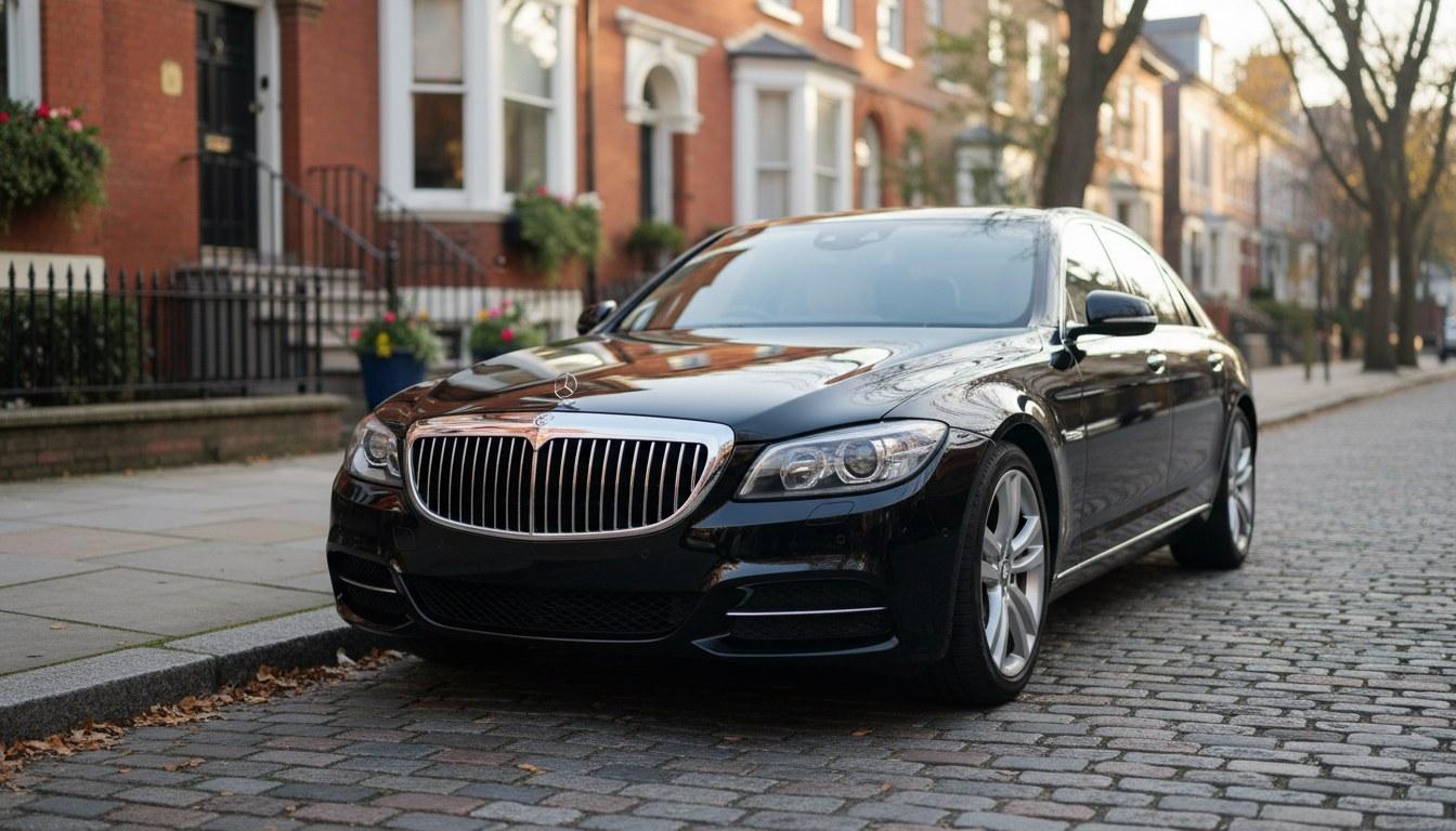 Luxury black sedan parked at local area airport curbside for a late-night transfer booking