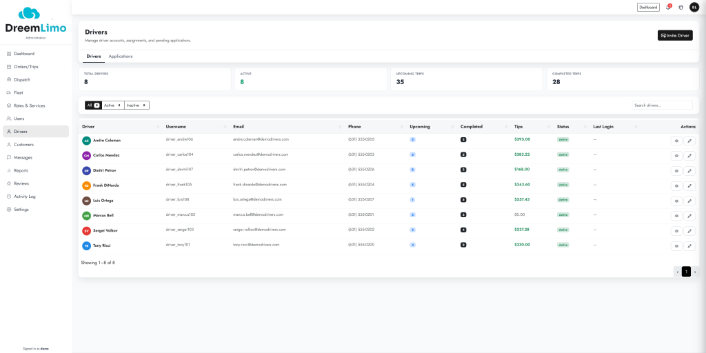 Driver assignments and performance tracking in DreemLimo