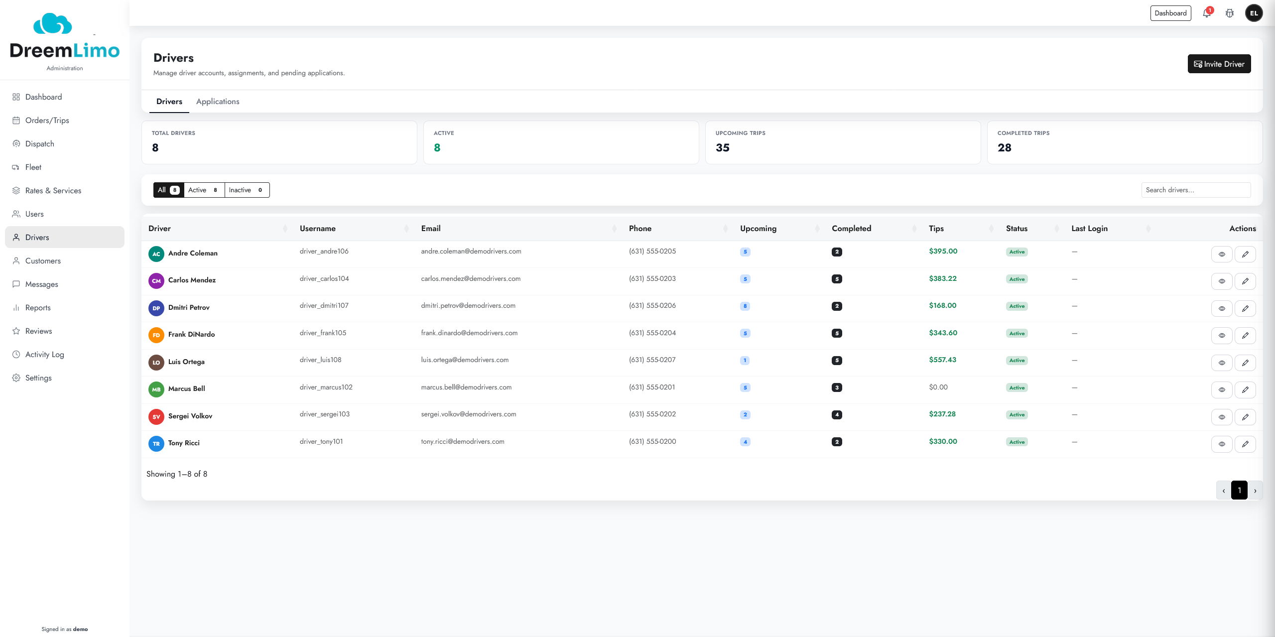 Driver assignments and performance tracking in DreemLimo