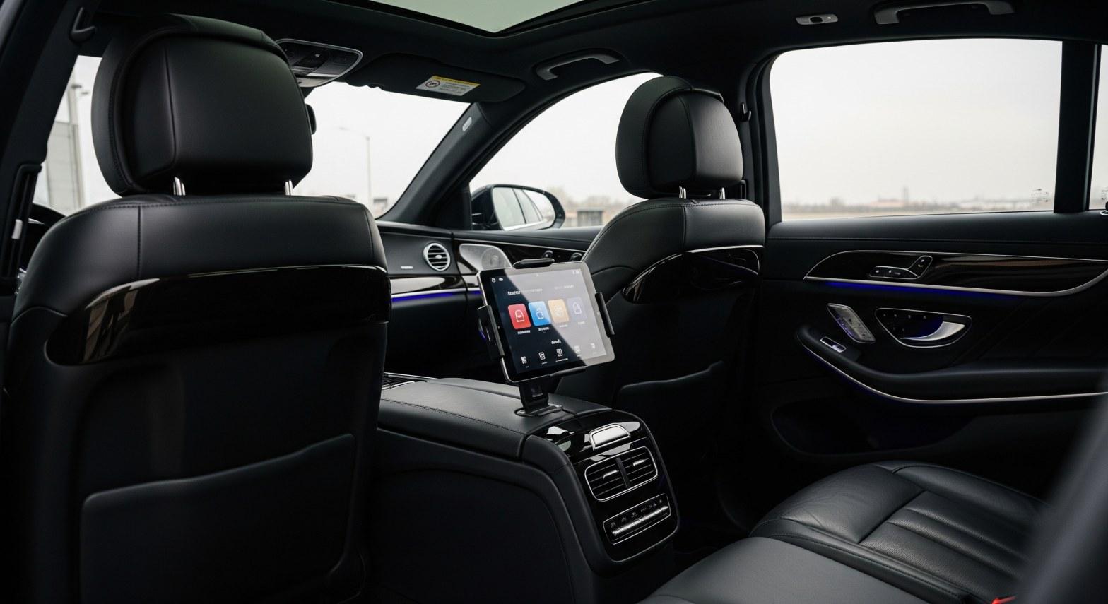 Empty luxury black-car interior cabin showing leather seats and ambient lighting for limo booking software cost guide