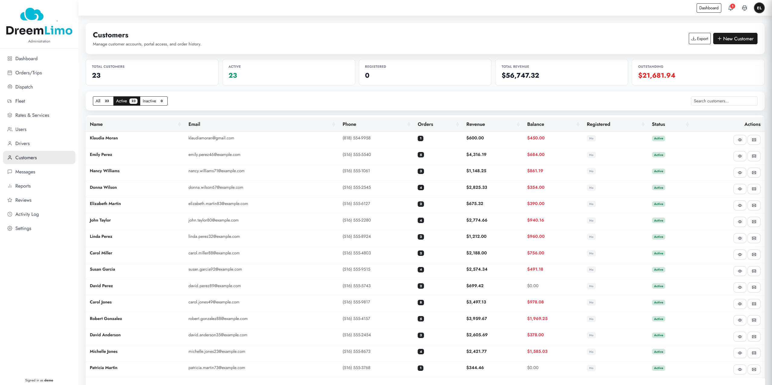 The built-in customer CRM in the DreemLimo portal