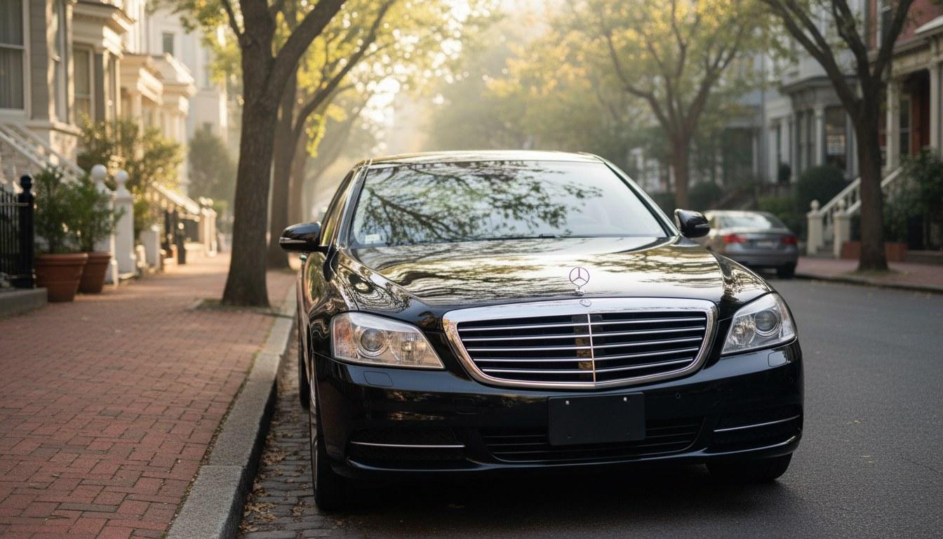 Black luxury sedan parked at corporate office entrance in the local area for executive airport transfer