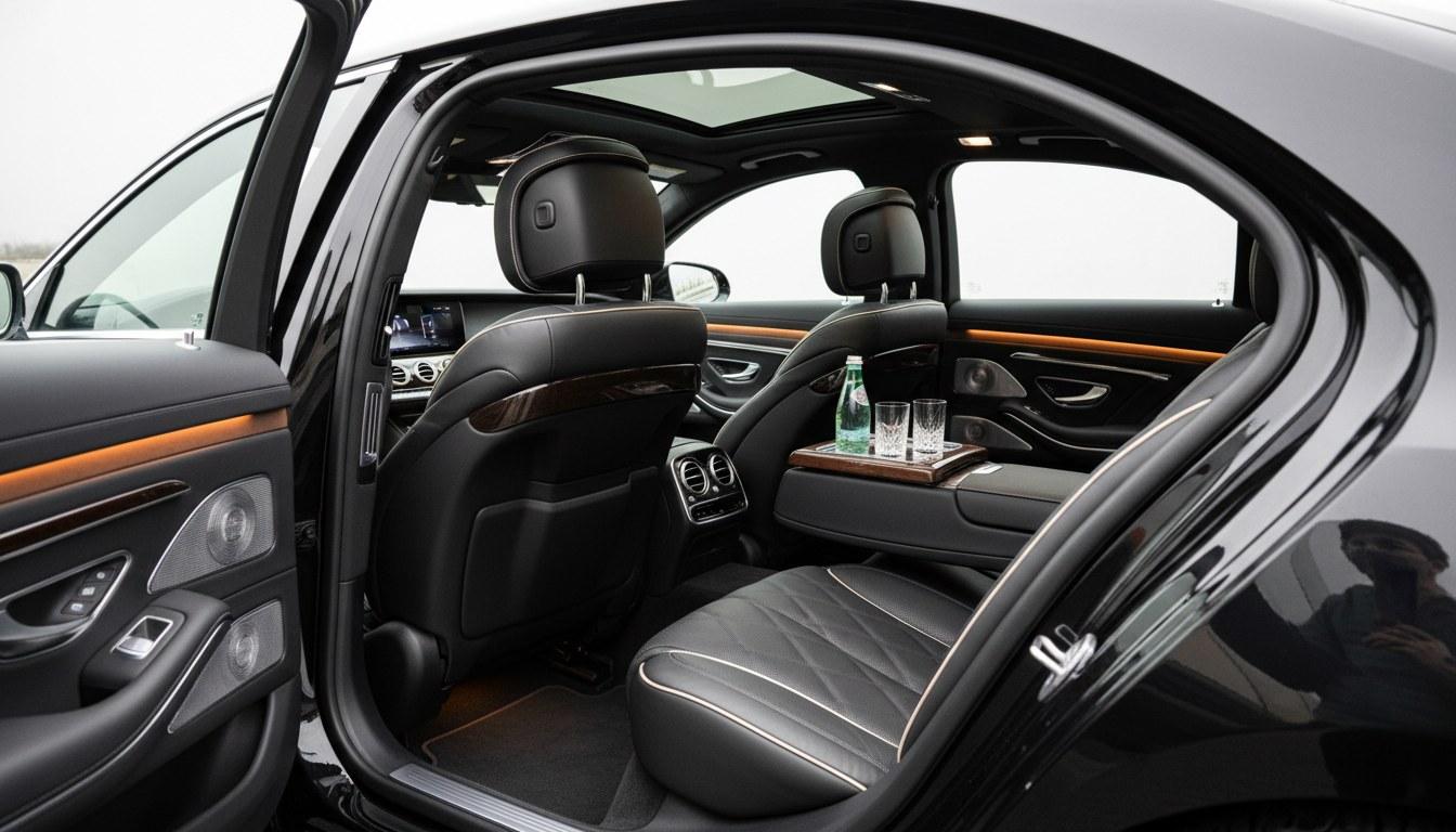 Empty luxury limo interior with leather seats and amenity tray in the local area