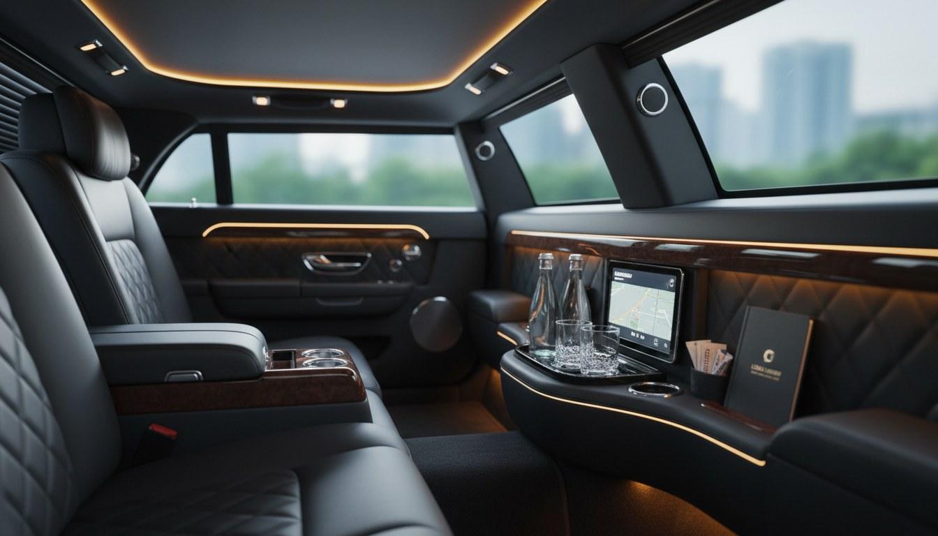 Empty luxury black-car interior cabin ready for a corporate airport transfer in the local area
