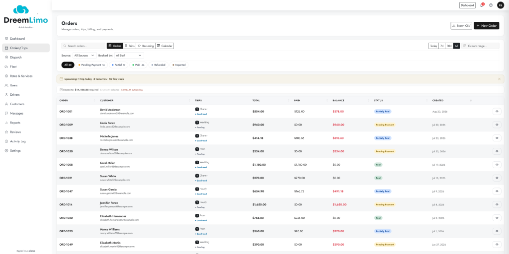 Orders and trips organized in the DreemLimo portal